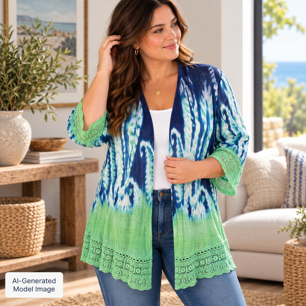 Chicos Sweater 2 Womens Large Blue Green Paisley Ombre Lace Hem Open Cardigan